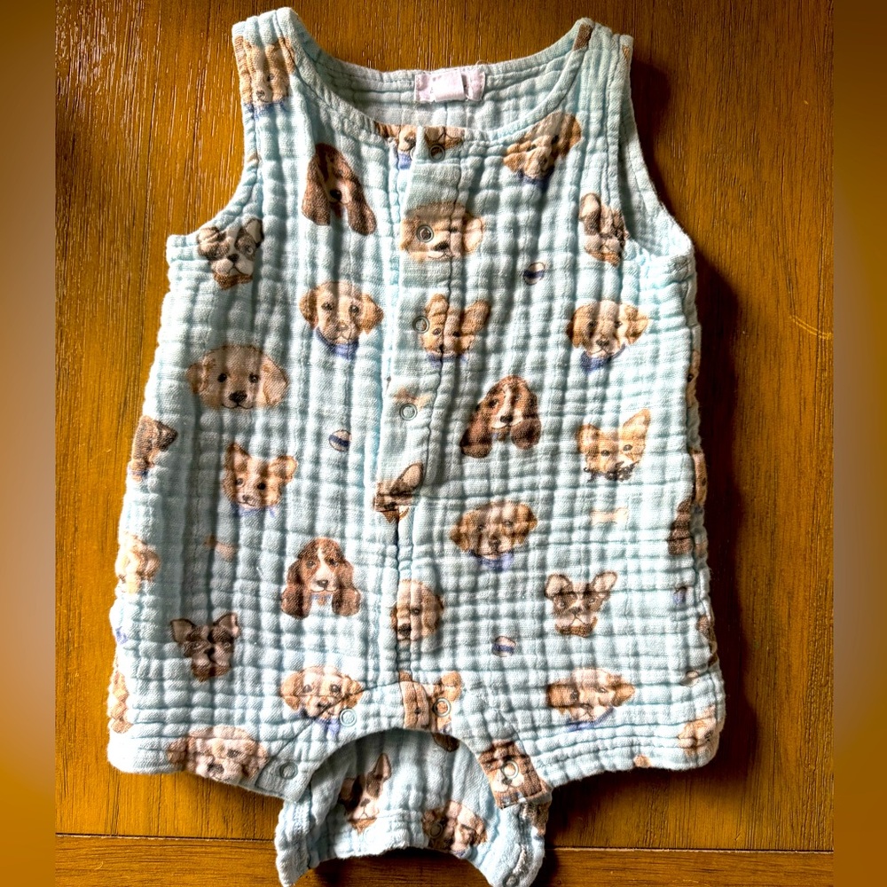 Sleeveless muslin romper with puppy dog print by Angel Dear, size 3-6 months